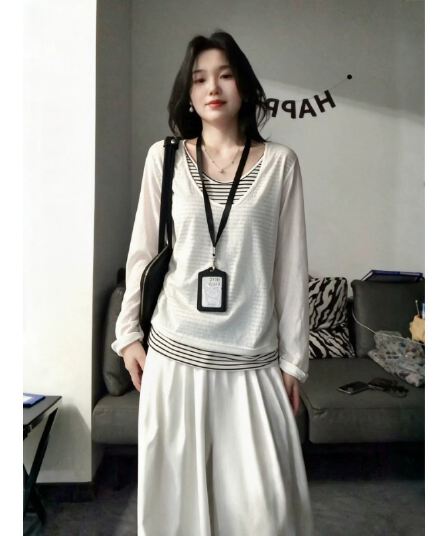 원본 품질 눈꽃 면 스트라이프 페이크 레이어드 긴팔 티셔츠 가을 루즈핏 느긋한 바람 블라우스 맨위