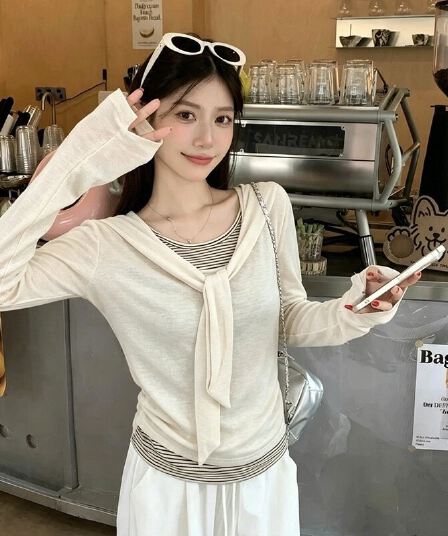 220 그램 사람들 면 주간 실크 리브 페이크 레이어드 스트랩 라운드 넥 긴팔 티셔츠 여성 가을 스트라이프 배색 맨위