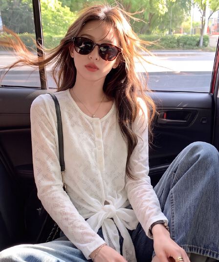 한 부서 부드러운 레이스 통기성 긴팔 여성 셔츠 가을 반 개방 버클 V넥 밑단 비틀림 마이크로 ~을 통해 자외선 차단 작은 셔츠
