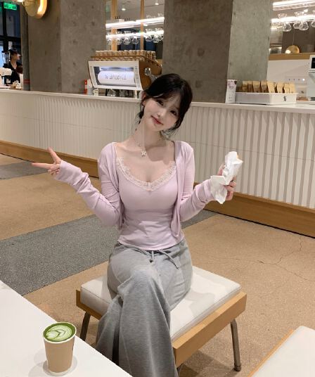 260 그램 사람들 면 한 부서 착용 가져 가라. 포함 가슴 패드 레이스 슬립 오픈 가디건 긴팔 스택 착용 부드러운 바람 세트 투피스 세트