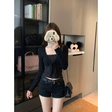 批发优美 260克人棉+紧密车线11针＋假两件波点长袖<b class='q'>T</b><b class='q'>恤</b>女秋季新款女