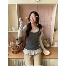 批发优美 面料蕾丝花边撞色拼接荷叶边<b class='q'>假两件</b>长袖<b class='q'>上衣</b>女秋修身收腰T恤