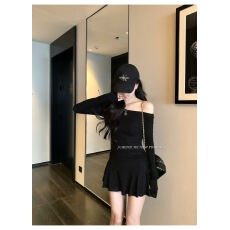 批发优美 美式斜肩<b class='q'>连衣裙</b>女夏性感不对称设计长袖收腰显瘦<b class='q'>百褶</b>短裙