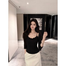 批发优美 秋季新款智性美人韩系柳柳同款假两件百搭蕾丝方领<b class='q'>中袖</b>