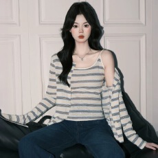 批发优美 原版懒人棉 条纹针织开衫女秋冬<b class='q'>吊带</b><b class='q'>背心</b>上衣<b class='q'>打底</b>两件套
