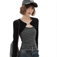 批发优美 人棉260克 假两件<b class='q'>长袖</b><b class='q'>T</b><b class='q'>恤</b>女秋冬甜辣肌理感条纹坎肩上衣