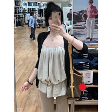 批发优美 沙面平纹麻+人棉褶皱<b class='q'>缎面</b>吊带开衫两件套夏季早春漂亮套装潮