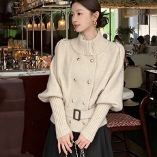 批发新款温柔风<b class='q'>立领</b>双排扣女长袖收腰针织开衫气质时尚感上衣