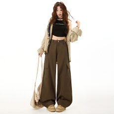 批发早春新款美式牛仔<b class='q'>工装裤</b><b class='q'>女</b>宽松直筒慵懒风阔腿弯刀裤