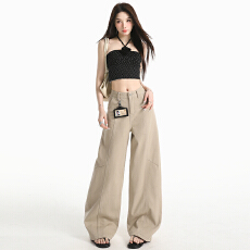 批发早春新款卡其色阔腿牛仔休闲裤<b class='q'>女</b>美式宽松直筒工<b class='q'>装</b>弯刀裤子