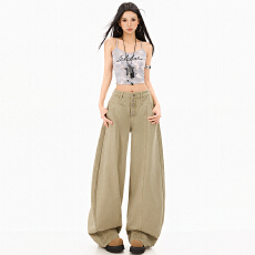 批发春季新款美式复古单排扣牛仔<b class='q'>裤</b>女宽松百搭阔腿弯刀拖地长<b class='q'>裤</b>子