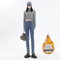 批发高品质复古蓝牛仔裤女2025秋冬新款显瘦弹力紧身提臀加绒小脚裤女
