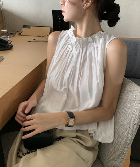 선적 ins 품격 루즈핏 레이스업 수정 꽃 칼라 행침 목 캐미솔 민소매 여성 셔츠