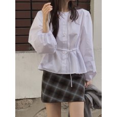 批发INS 韩系圆领泡泡袖<b class='q'>衬衣</b>宽松显瘦系带<b class='q'>长袖</b><b class='q'>衬衫</b>女