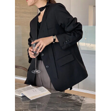 批发INS 韩系设计感宽松v领西服飘带酷飒纯色长袖<b class='q'>西装外套</b><b class='q'>女</b>