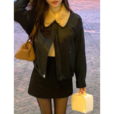 批发韩版时尚羊羔毛翻领<b class='q'>皮衣</b>长袖外套女