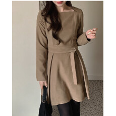 批发韩国chic 复古气质休闲单扣系带方领长袖<b class='q'>连衣裙</b>女