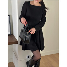 批发<b class='q'>韩国</b>chic 复古气质休闲单扣系带方领长袖<b class='q'>连衣裙</b>女