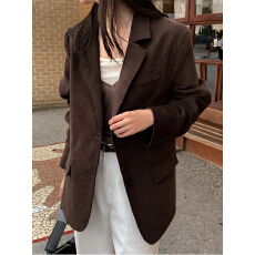 批发法式复古<b class='q'>西装</b>领单排扣宽松长袖灯芯绒夹克外套<b class='q'>女</b>