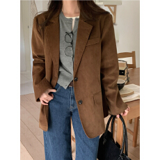 批发法式复古<b class='q'>西装</b>领单排扣宽松长袖灯芯绒夹克外套<b class='q'>女</b>