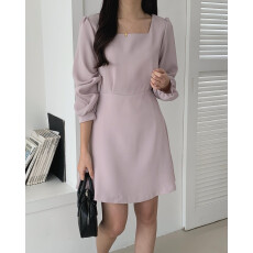 批发韩国chic 春季方领收腰<b class='q'>显瘦</b>内搭长袖连衣裙女