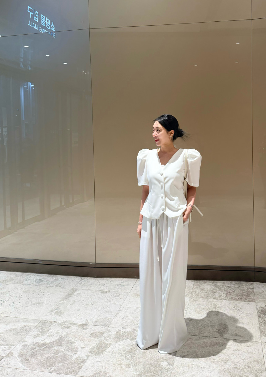 한 부서 부드러운 바람 세트 여성 거품 소매 허리 수축 맨위 하이웨이스트 와이드 레그 팬츠 투피스 세트