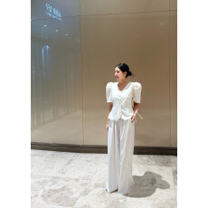 批发韩系温柔风套装女 泡泡袖收腰上衣+高腰阔腿裤两件套