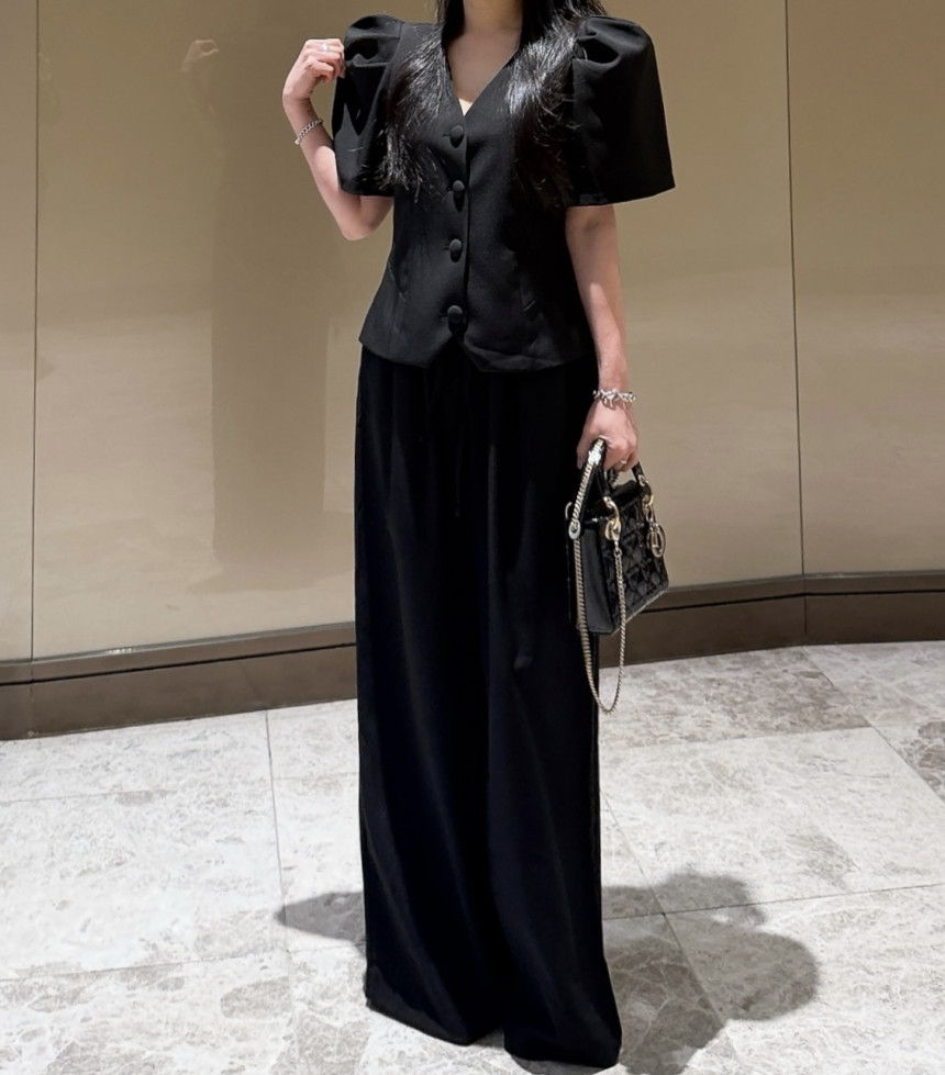 한 부서 부드러운 바람 세트 여성 거품 소매 허리 수축 맨위 하이웨이스트 와이드 레그 팬츠 투피스 세트