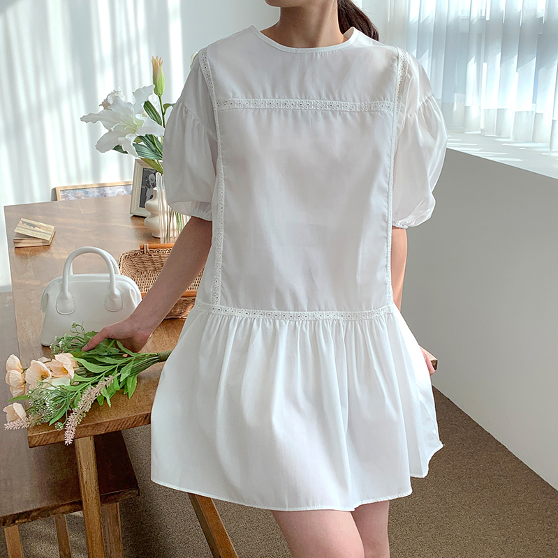 한 부서 거품 소매 여성 드레스 여름 레이스 라운드 넥 루즈핏 연령 감소 인형 치마 작은 키 첫사랑 미니 스커트