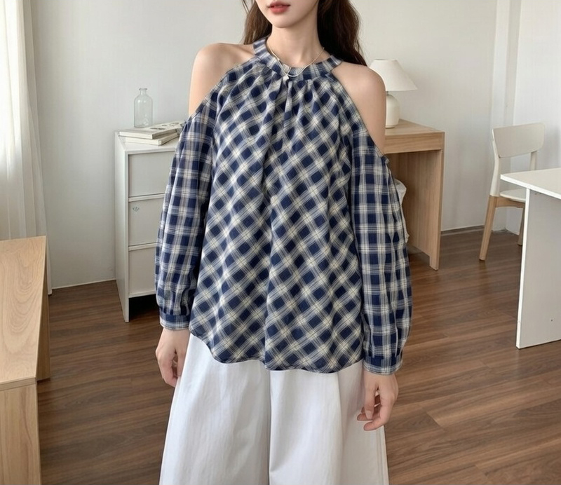 한 부서 행침 목 오프숄더 체크무늬 여성 셔츠 루즈핏 긴팔 디자인 센스 작은 대중 부드러운 바람 맨위
