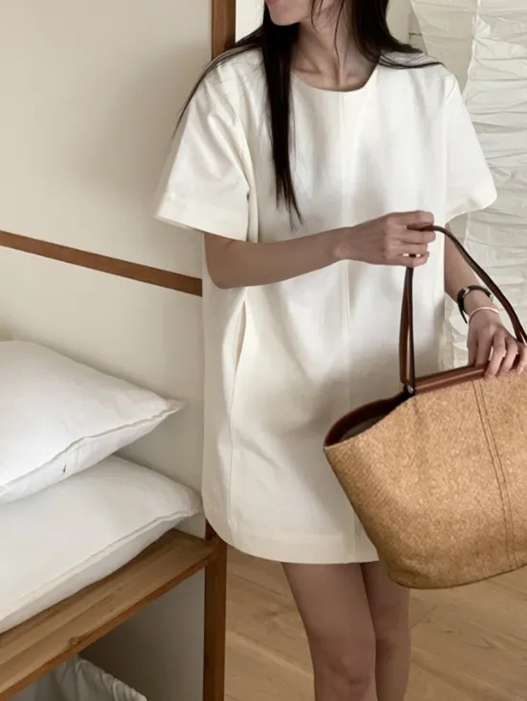 한 부서 익스트림 제인 라운드 넥 반팔 여성 드레스 여름 루즈핏 스트레이트 중간 스커트 캐주얼 다용도 게으른 치마