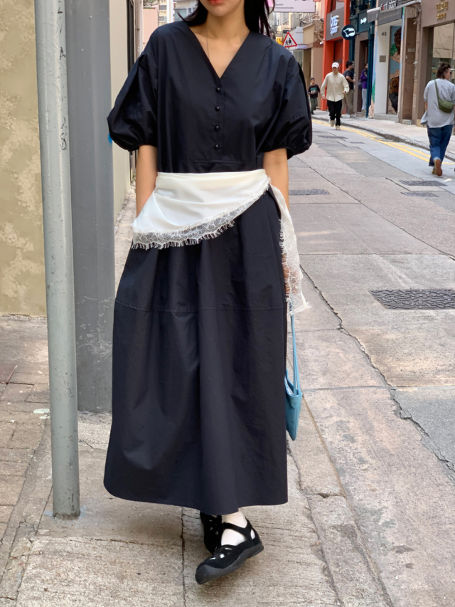 V넥 거품 소매 여성 드레스 루즈핏 슬림해 보이는 롱 코트 A라인 스커트 프랑스식 품격 부드러운 바람 롱 스커트