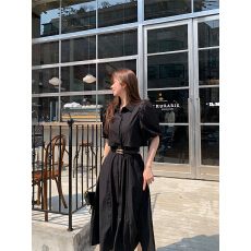 批发韩系气质收腰衬衫裙女夏季通勤显瘦泡泡袖中长款大摆连衣裙