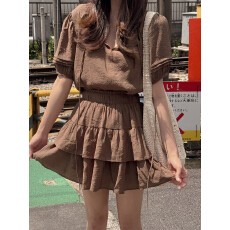 批发韩系慵懒风套装女 夏季翻领泡泡袖上衣+高腰蛋糕裙半身裙两件套