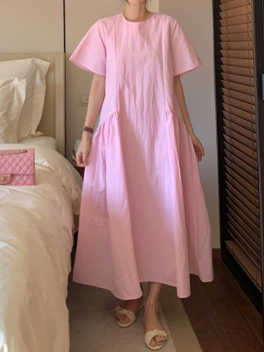 ins 라운드 넥 반팔 패치워크 큰 진자 여성 드레스 루즈핏 슬림해 보이는 표지 고기 롱 코트 A라인 스커트