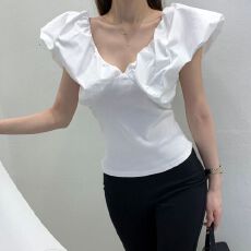 批发韩系新款设计感泡泡袖<b class='q'>T</b><b class='q'>恤</b>性感低领收褶紧身百搭气质短袖上衣