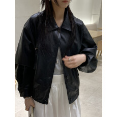 批发复古休闲单排扣皮外套<b class='q'>女</b> 简约翻领口袋宽松显瘦短款皮衣