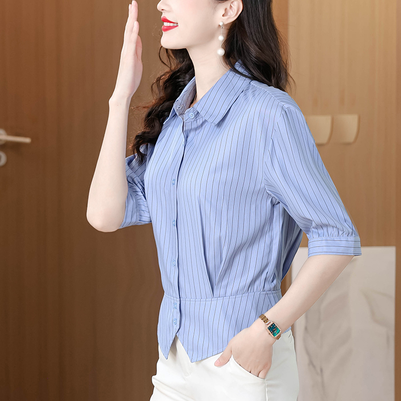 RY4659# 实拍2026夏季polo领女士落肩袖衬衫设计感显瘦百搭时尚...
