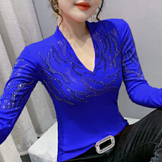 批发实拍2026春<b class='q'>夏</b>新款V领重工烫钻T恤网纱纯色修身显瘦T恤打底小衫女