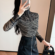 批发实拍2026春<b class='q'>夏</b>季新款烫钻半高领蕾丝打底衫女印花网纱性感拼接长袖