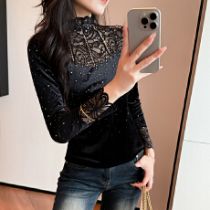 批发实拍2026<b class='q'>春</b>季新款烫钻半高领金丝绒打底衫印花网纱性感拼接长袖