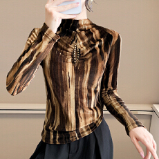 批发实拍2026<b class='q'>春</b>季新款性感气质半高领T恤长袖镂空钉珠条纹网纱上衣女