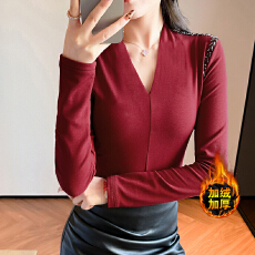 批发秋冬新款V领加厚保暖磨毛<b class='q'>手工</b>钉珠长袖T恤女内搭洋气打底衫上衣