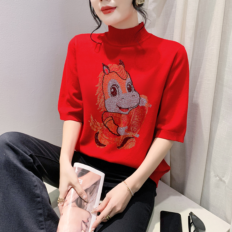 MY17636# 新款马年镶钻针织本命年大红套头毛衣女秋冬半高领打底衫女裝...