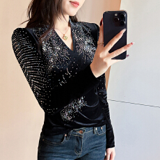 批发实拍秋冬<b class='q'>新款</b>欧货质感金丝绒钻闪亮弹力打底衫长袖百搭时尚V领女