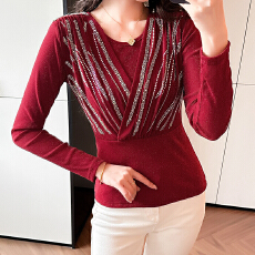 批发实拍春夏新款时尚弹力长袖网纱洋气百搭<b class='q'>气质</b>减龄钉珠烫钻打底衫女