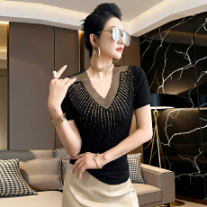 批发夏季新款V领镶钻气质高级感拼接短袖T恤修身显瘦上衣女