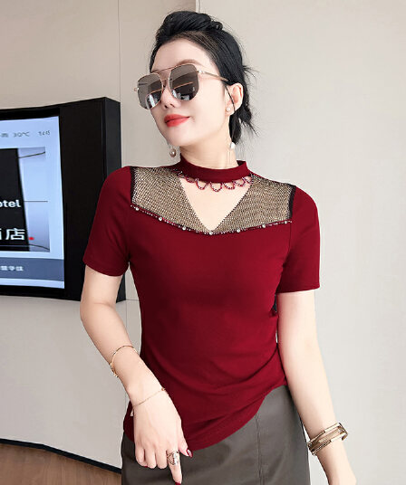 실사 여름 새로운 패션 섹시함 핫픽스 홀로우 아웃 레이스 행침 목 반팔 다용도 슬림해 보이는 티셔츠 여성