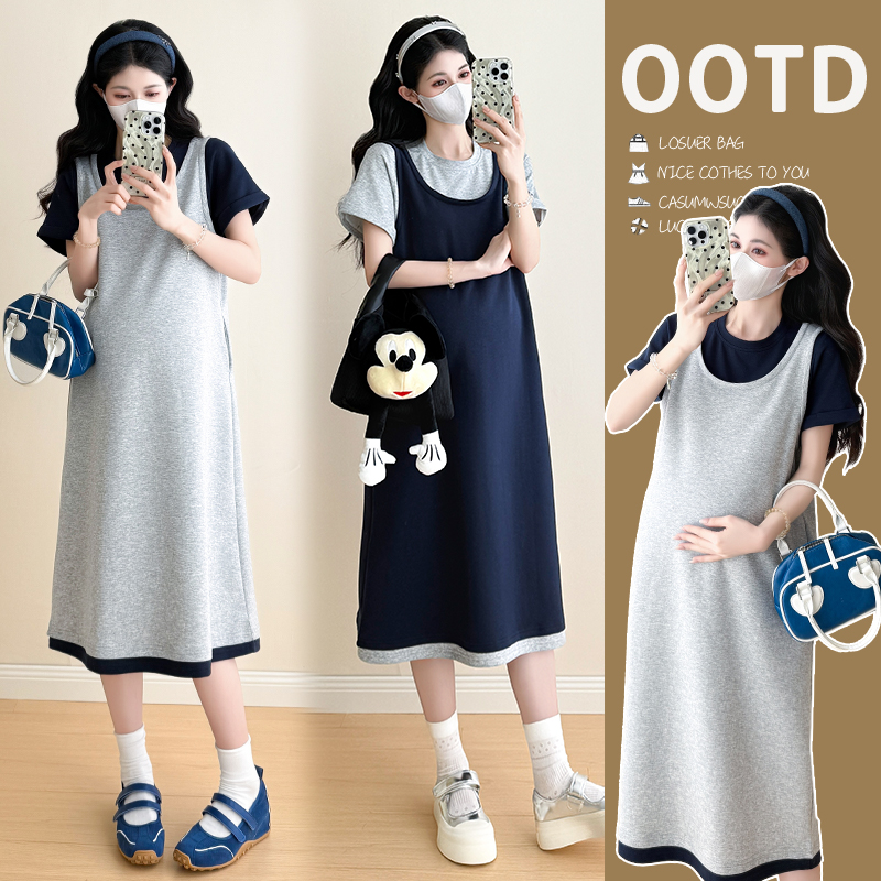 실사 2026 여름 연령 감소 패치워크 페이크 레이어드 루즈핏 슬림해 보이는 품격 중간 길이 라운드 넥 드레스