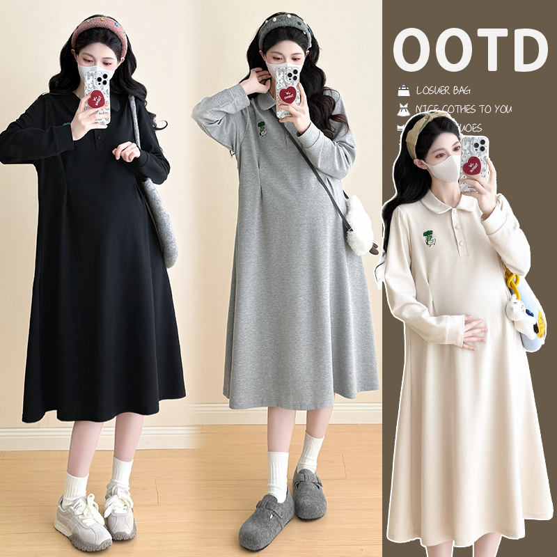 실사 2026 조기 가을 새로운 슬림해 보이는 여성 자수 패키지 과립 버클 중간 길이 임산부 polo 드레스